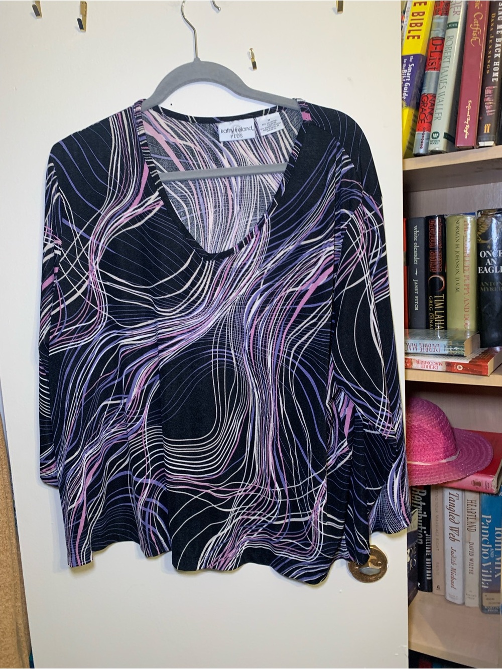 kathy ireland Black V‑Neck Top with Pink and White Swirl Print